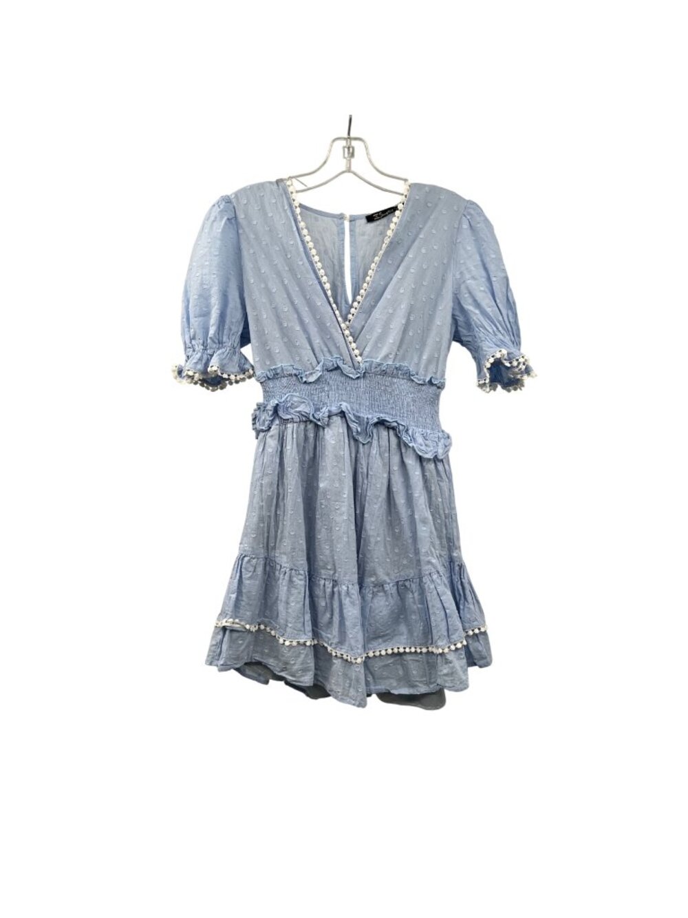 Simplee Mini Dress Dotted Swiss Short Sleeve Pom Pom Trim Blue/White Medium